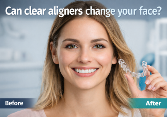 A girl holding clear aligners