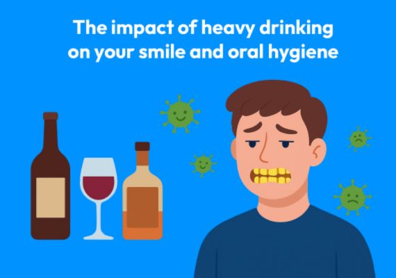 An illustration of a guy with yellow teeth and germs, and an alcohol bottle and wine glass. 