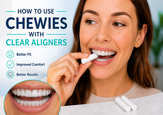 Woman using chewies with clear aligners to improve fit, comfort, and alignment. 