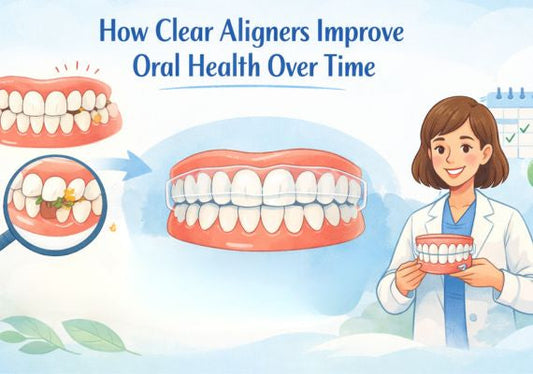 An illustration of teeth before and after clear aligners, showing plaque removal, gum health improvement, and a smiling dentist holding a dental model.
