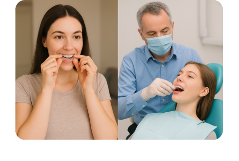 A girl inserting at-home aligners vs a dentist applying in-clinic clear aligners to a patient.