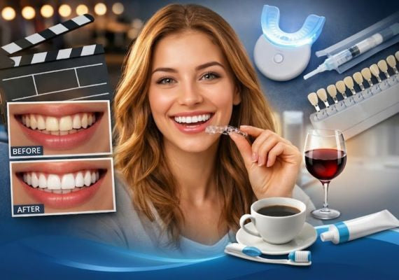 A collage showing a woman with a bright smile, a before-and-after teeth whitening comparison, and an LED whitening kit