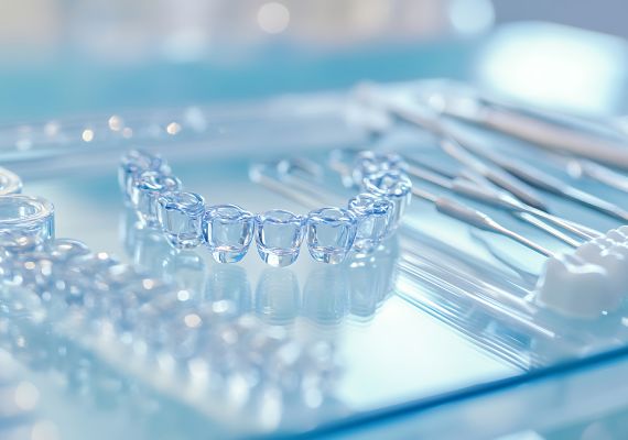 A set of clear aligners on a dental tray.