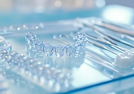 A set of clear aligners on a dental tray.