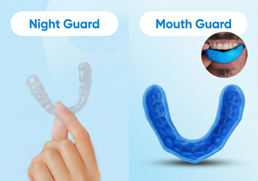  A side-by-side comparison image of a night guard and a sports mouth guard.