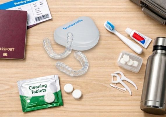 An image shows a clear aligner travel kit & checklist