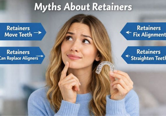A woman with retainers thinking about myths about retainers 