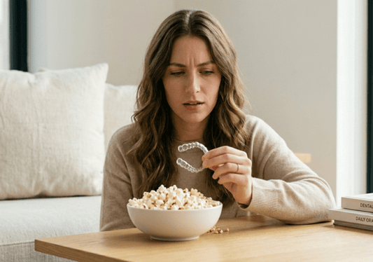 A young woman is confused whether she should eat popcorn with aligners.