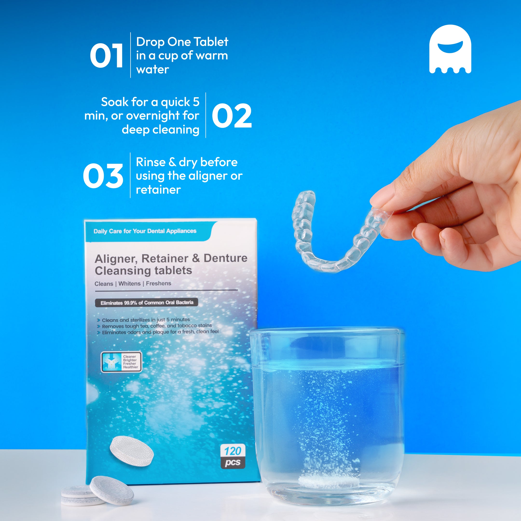 Cleansing tablets for aligners, retainers & dentures